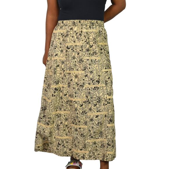 Orvis Maxi Skirt Tan Floral Print Embroidery Lace Elastic Pull On Cotton Large - Picture 1 of 14
